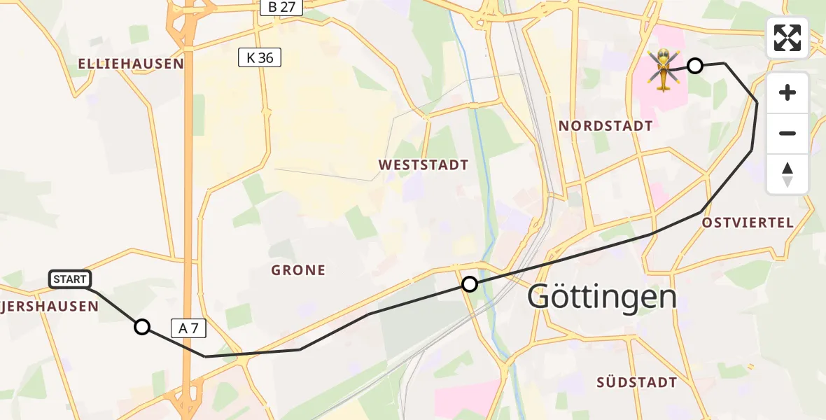 Flugroute Rettungshubschrauber Göttingen - Göttingen University Clinic Heliport, 03 März 2026, 12:35