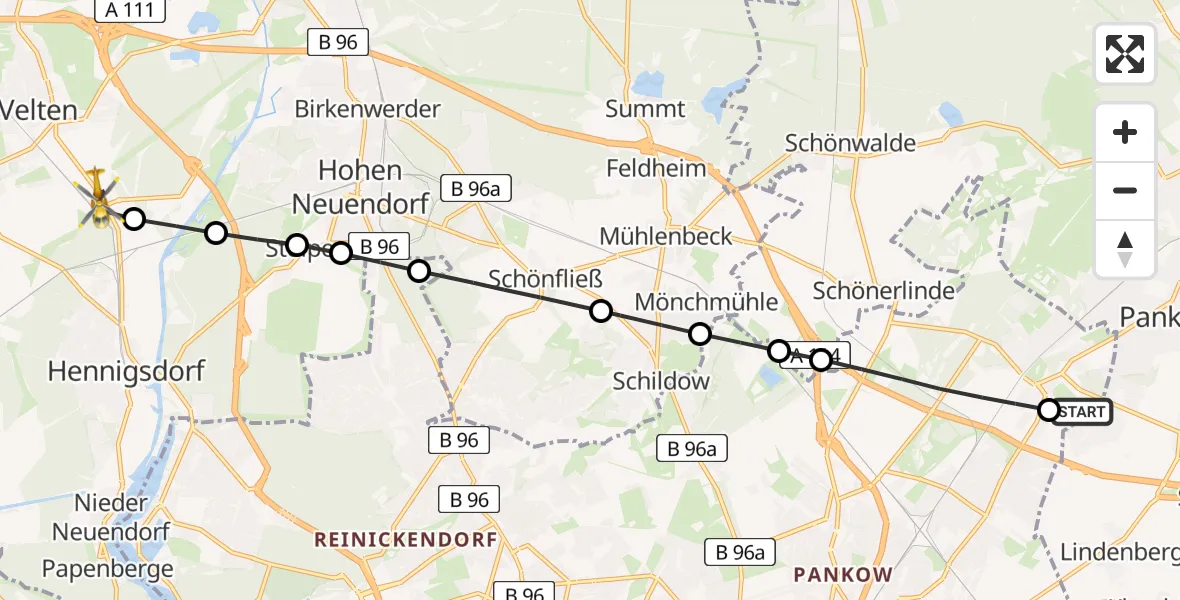 Flugroute Rettungshubschrauber Helios Clinic Berlin-Buch Heliport - Velten, 03 März 2026, 12:36
