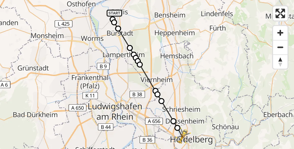 Routekaart van de vlucht: Rettungshubschrauber nach Heidelberg, Czernyring