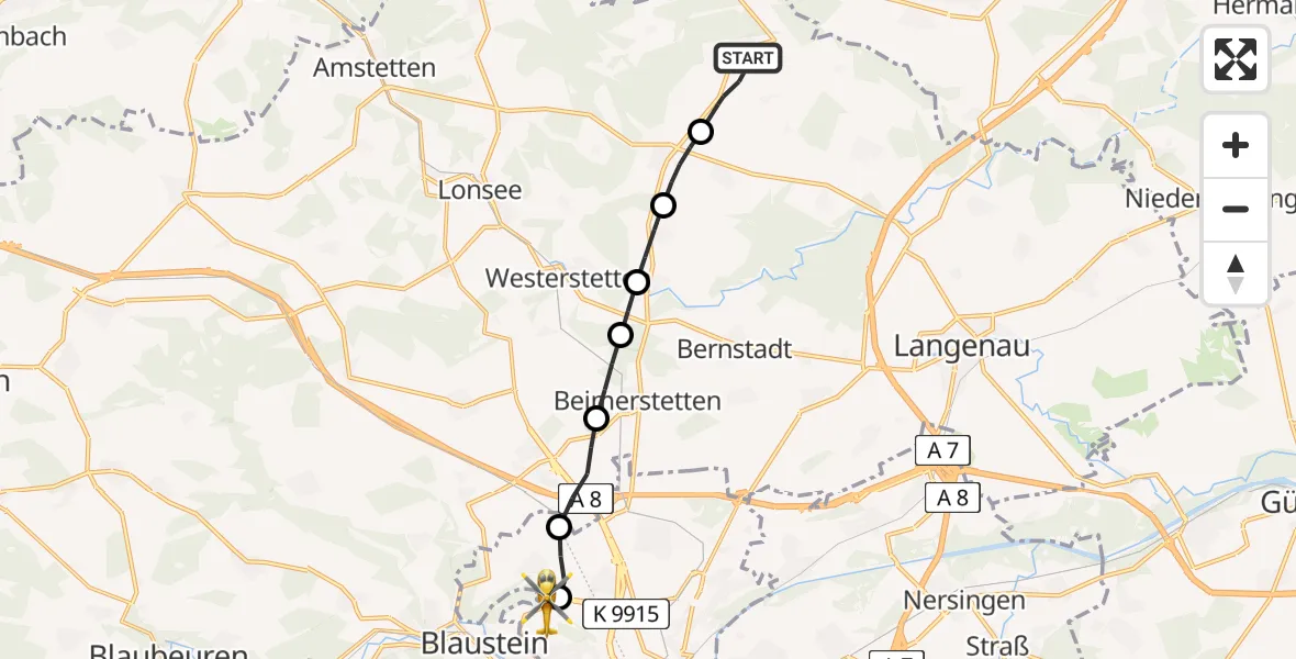 Flugroute Rettungshubschrauber Altheim (Alb) - ADAC Air Rescue Station Ulm (Christoph 22), 03 März 2026, 12:52