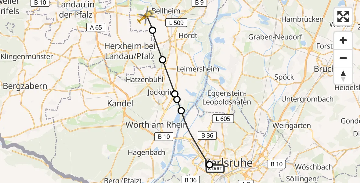 Flugroute Rettungshubschrauber Sankt Vincentius Hospital Heliport - Knittelsheim, 03 März 2026, 12:54