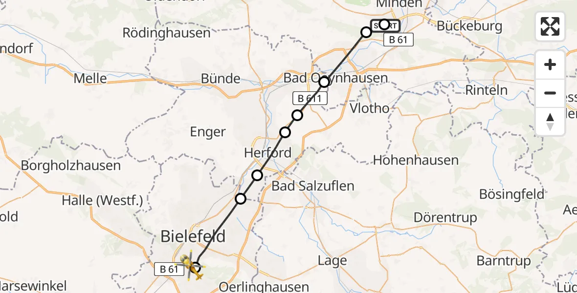 Flugroute Rettungshubschrauber Häverstädt - Luftrettungszentrum Bielefeld, 03 März 2026, 12:54