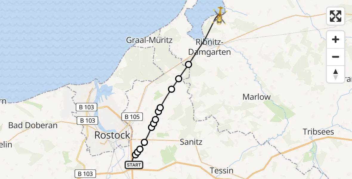 Flugroute Ambulanzhubschrauber Hohen Schwarfs - Ribnitz-Damgarten, 03 März 2026, 13:05