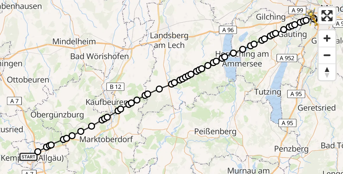 Flugroute Rettungshubschrauber Kempten (Allgäu) - DRF Air Rescue München Heliport, 03 März 2026, 13:20