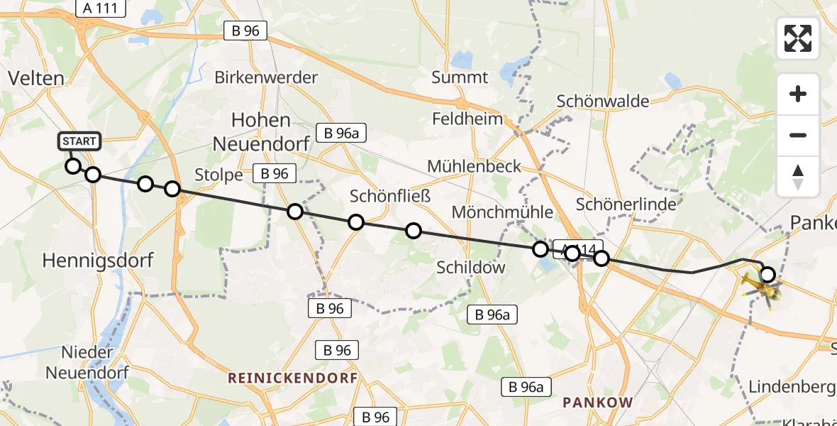 Flugroute Rettungshubschrauber Velten - Helios Clinic Berlin-Buch Heliport, 03 März 2026, 13:21
