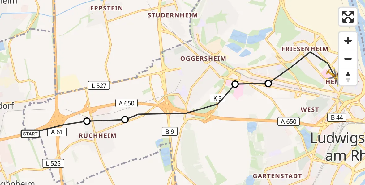 Flugroute Rettungshubschrauber Ludwigshafen am Rhein - Ludwigshafen am Rhein, 03 März 2026, 13:21