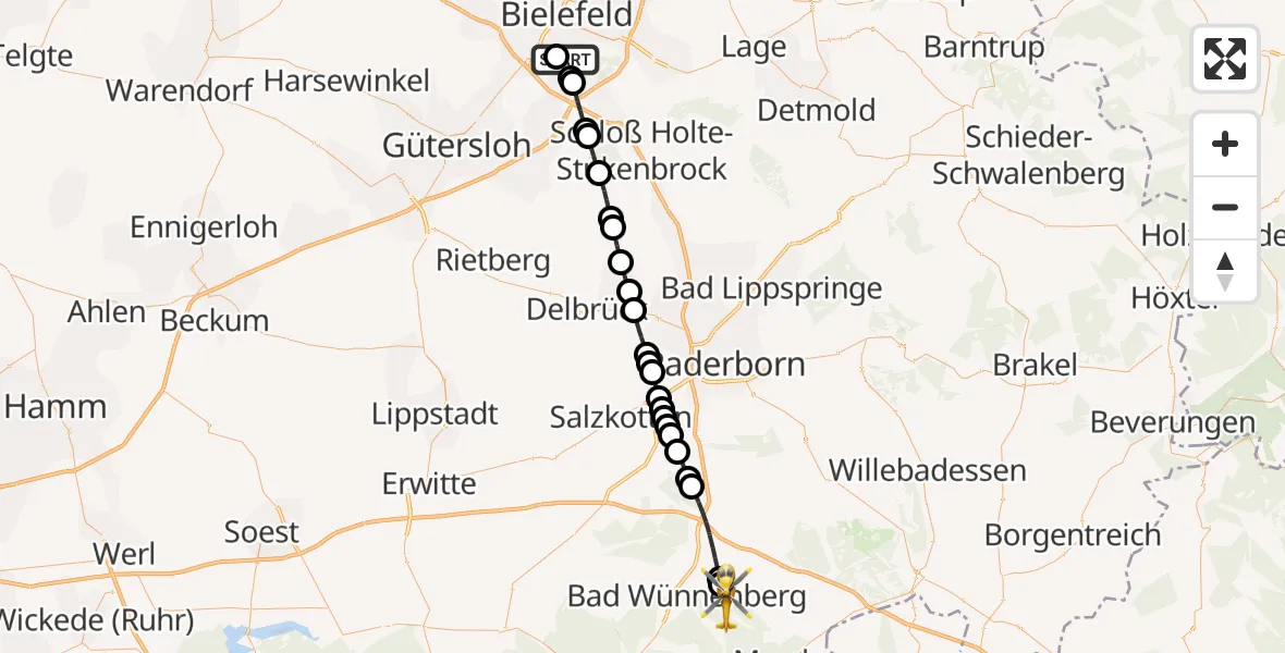 Routekaart van de vlucht: Rettungshubschrauber nach Bad Wünnenberg, Gärtnerstraße