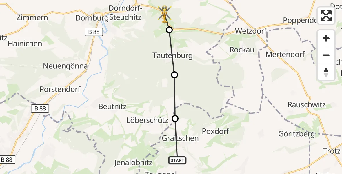 Flugroute Rettungshubschrauber Graitschen bei Bürgel - Dorndorf-Steudnitz, 03 März 2026, 13:27