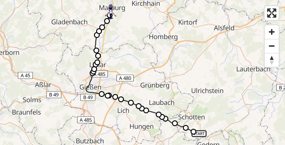Flugroute Polizeihubschrauber Wingertshausen - Marburg, 03 März 2026, 13:29