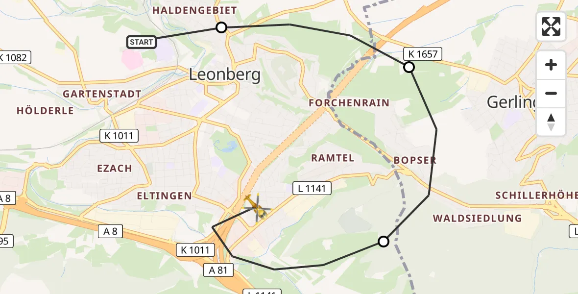 Flugroute Rettungshubschrauber Leonberg Hospital Heliport - Leonberg, 03 März 2026, 13:38