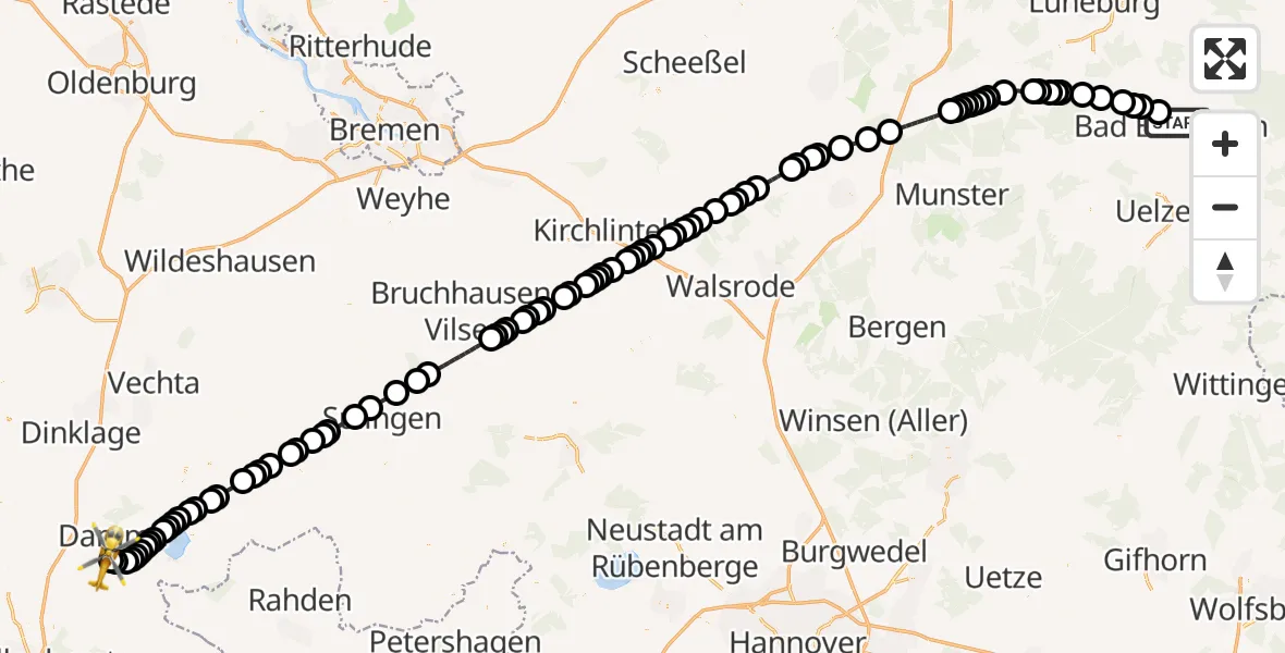 Flugroute Ambulanzhubschrauber Bad Bevensen - Damme Airfield, 03 März 2026, 13:39