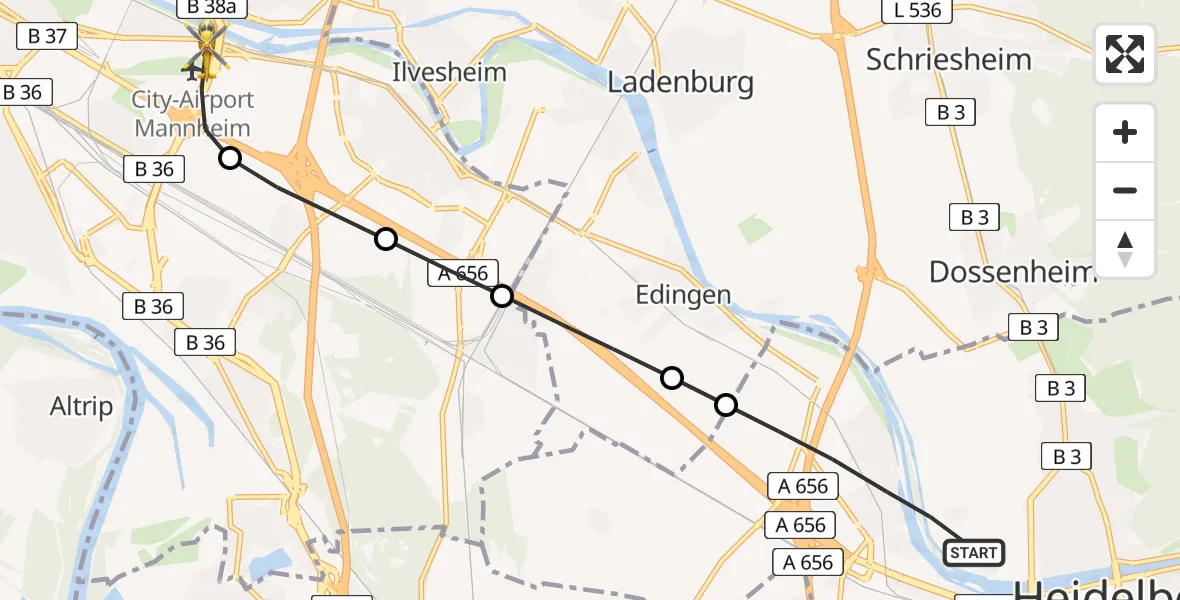 Flugroute Rettungshubschrauber Heidelberg - Mannheim-City Airport, 03 März 2026, 13:40