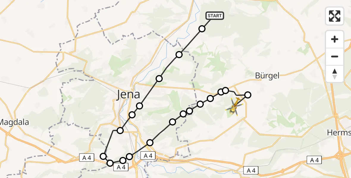 Flugroute Rettungshubschrauber Tautenburg - Jena-Schöngleina Airfield, 03 März 2026, 13:40