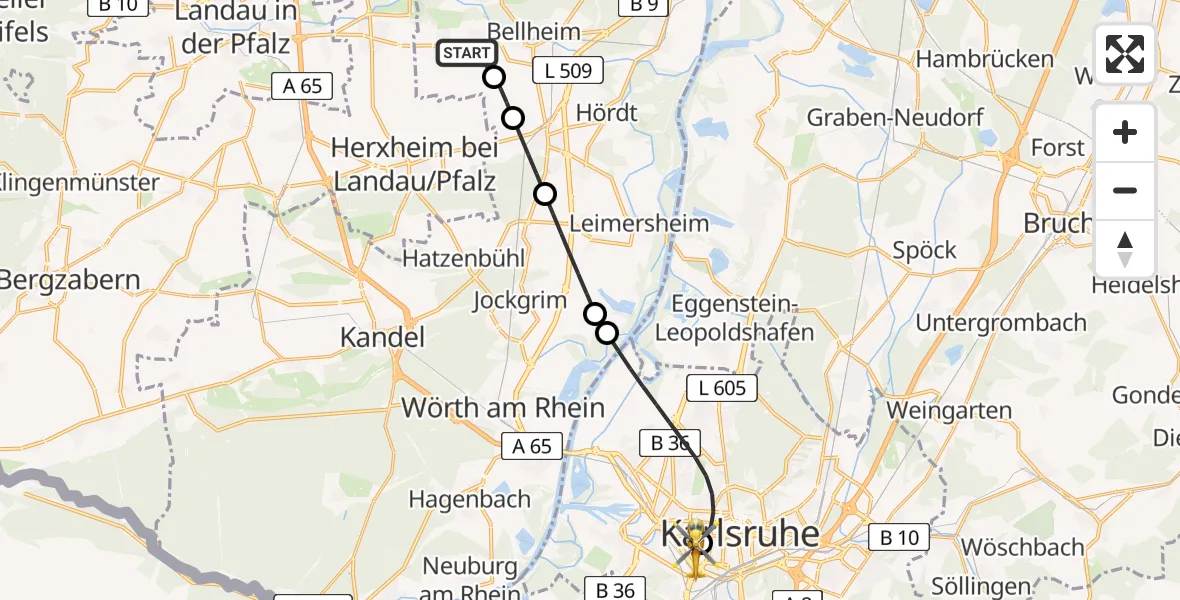 Flugroute Rettungshubschrauber Knittelsheim - Sankt Vincentius Hospital Heliport, 03 März 2026, 13:47