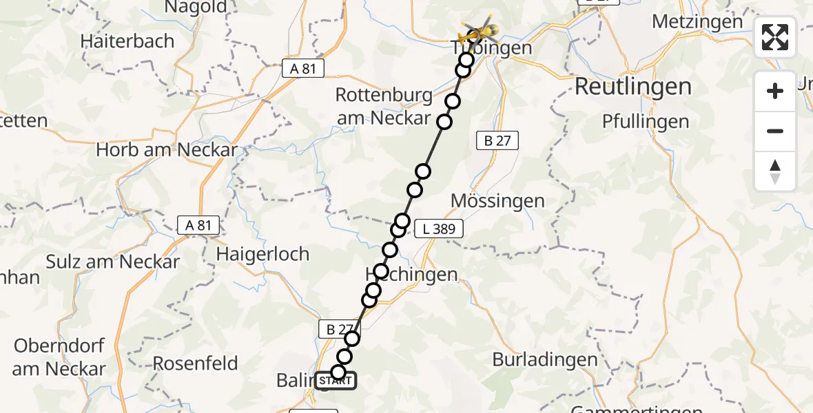 Flugroute Rettungshubschrauber Balingen - Tübingen University Hospital Heliport, 03 März 2026, 13:49