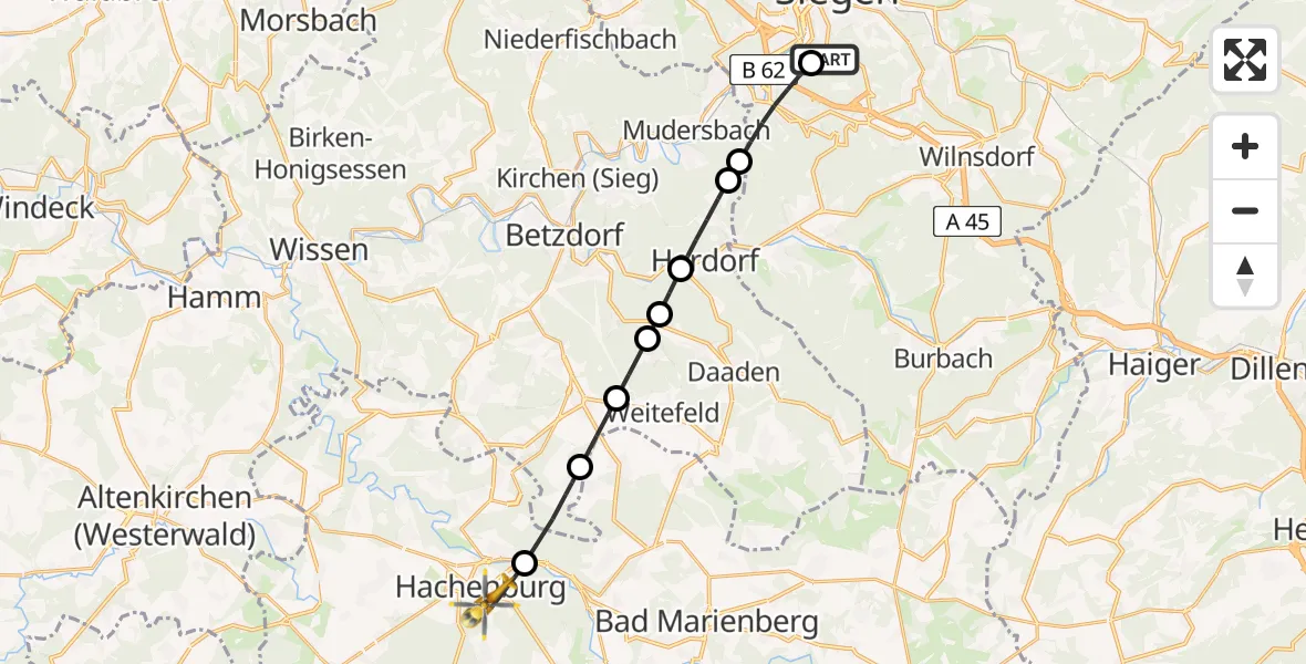 Flugroute Rettungshubschrauber Evangelisches Jung-Stilling Hospital Helipad - Hachenburg, 03 März 2026, 13:59