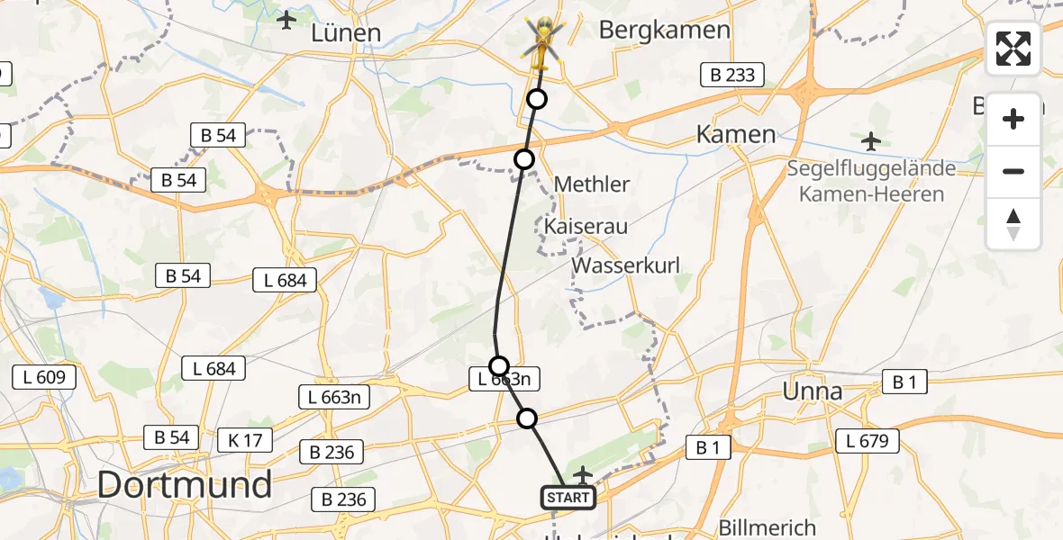 Flugroute Ambulanzhubschrauber Dortmund Airport - Bergkamen, 03 März 2026, 14:03