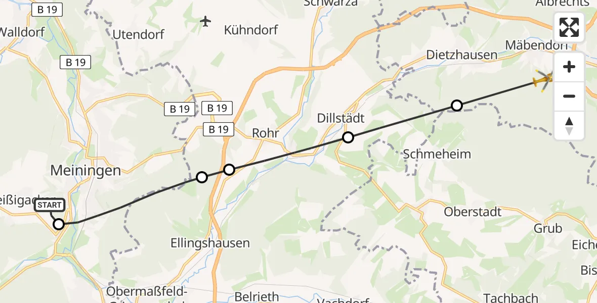 Flugroute Rettungshubschrauber Helios Clinic Meiningen Heliport - Mäbendorf, 03 März 2026, 14:12