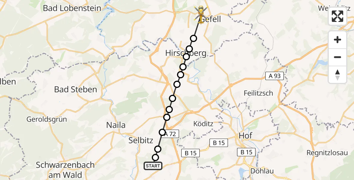 Flugroute Rettungshubschrauber Neudorf - Gefell, 03 März 2026, 14:29