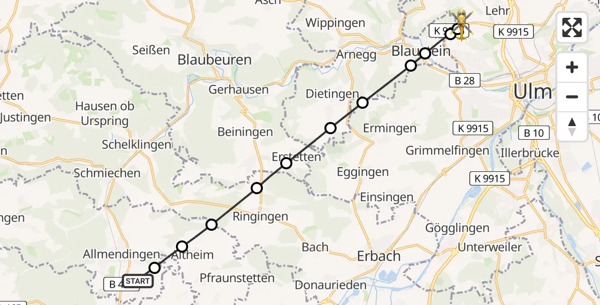Flugroute Rettungshubschrauber Allmendingen - ADAC Air Rescue Station Ulm (Christoph 22), 03 März 2026, 14:40