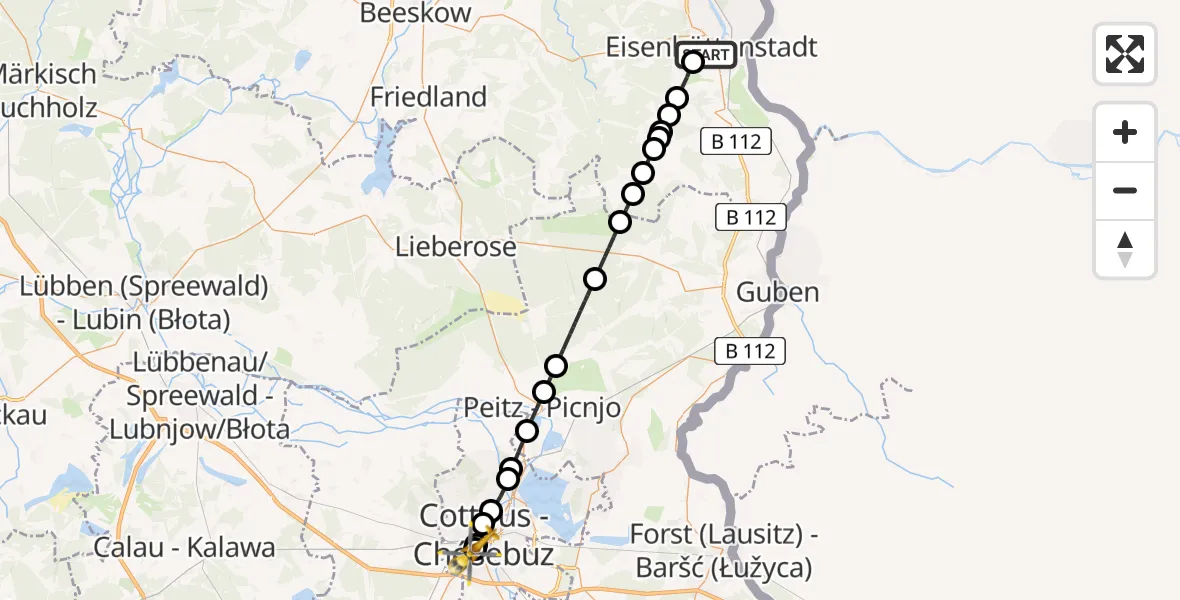 Routekaart van de vlucht: Ambulanzhubschrauber nach Carl Thien Hospital Cottbus Heliport