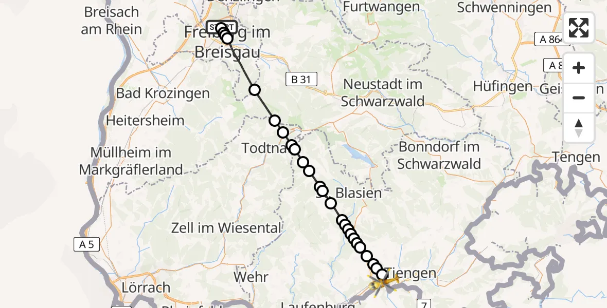 Flugroute Rettungshubschrauber Freiburg im Breisgau Airfield - Full-Reuenthal, 03 März 2026, 14:46