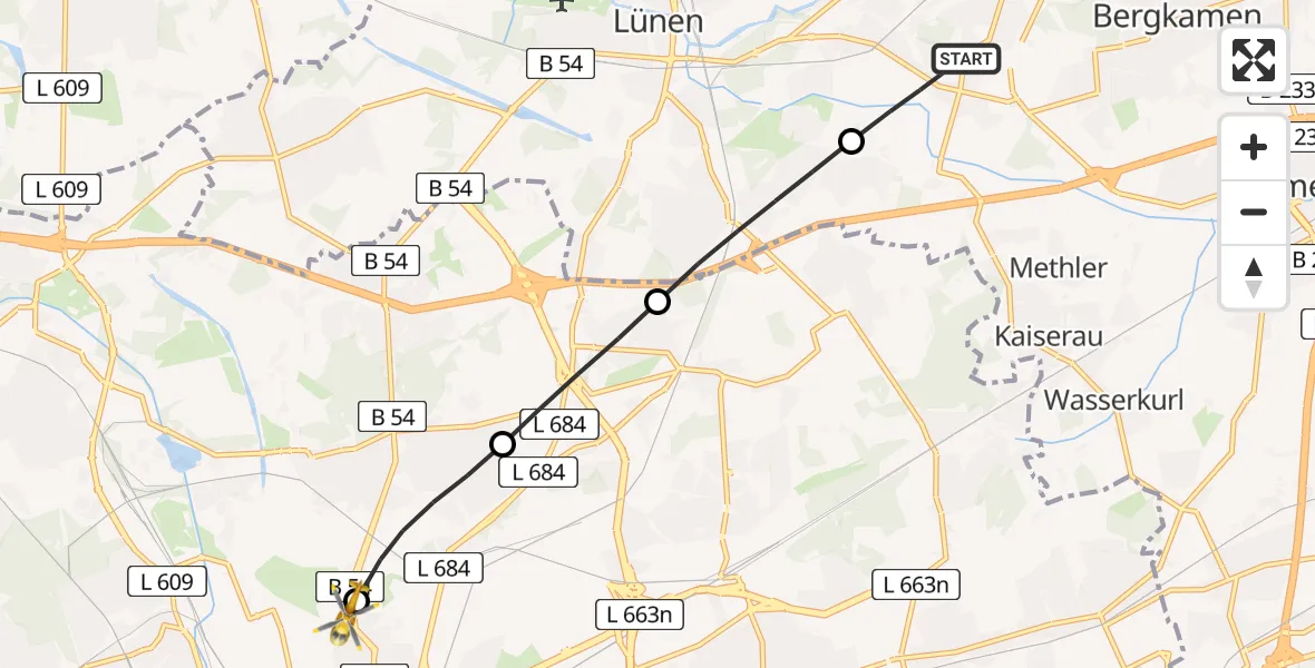 Flugroute Ambulanzhubschrauber Bergkamen - Dortmund Hospital North Heliport, 03 März 2026, 14:51
