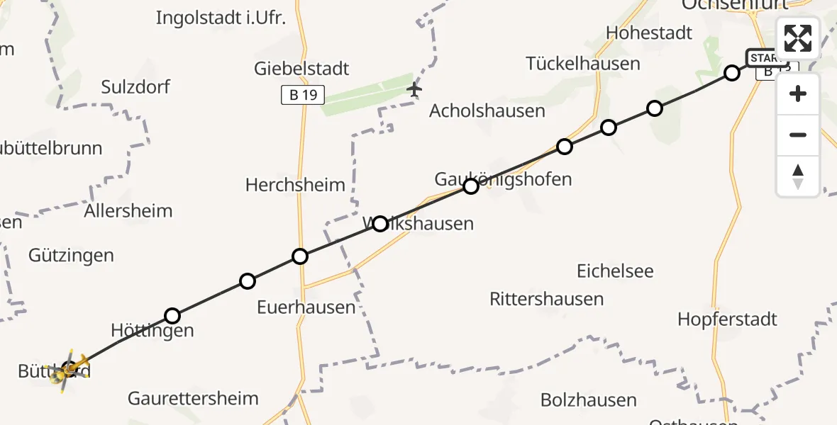 Flugroute Rettungshubschrauber Ochsenfurt - Bütthard, 03 März 2026, 14:53