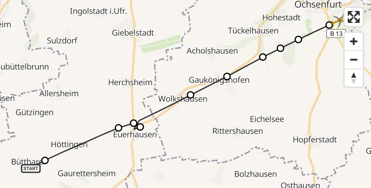 Flugroute Rettungshubschrauber Bütthard - Ochsenfurt, 03 März 2026, 15:29