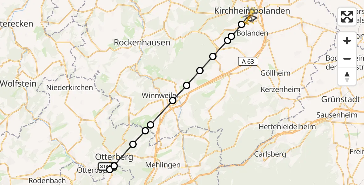 Routekaart van de vlucht: Rettungshubschrauber nach Kirchheimbolanden, Dannenfelser Straße