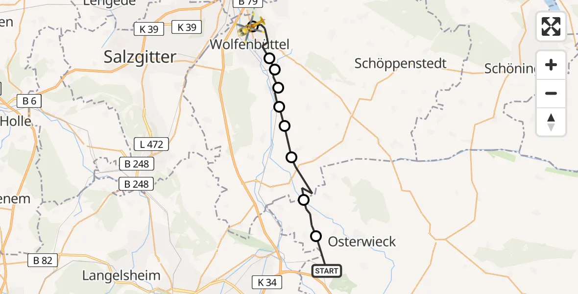Flugroute Rettungshubschrauber Abbenrode - Wolfenbüttel Municipal Hospital Heliport (Christoph 30), 03 März 2026, 15:44
