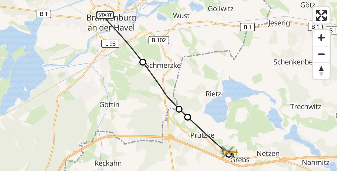 Flugroute Rettungshubschrauber Brandenburg an der Havel - Grebs, 03 März 2026, 15:45