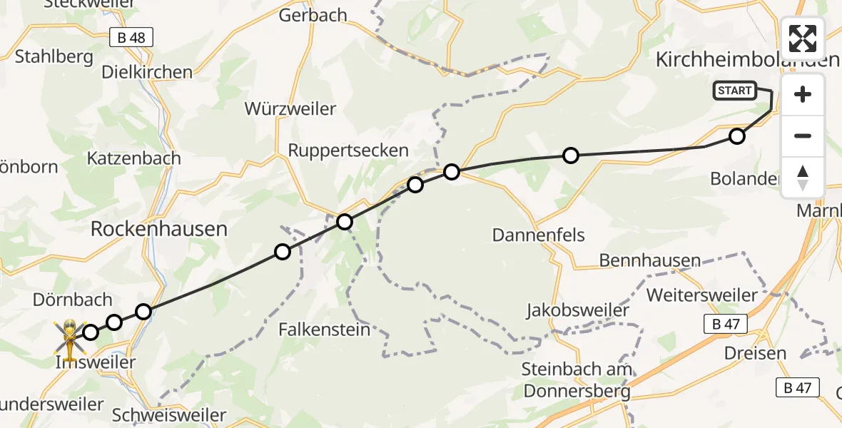 Flugroute Rettungshubschrauber Kirchheimbolanden - Imsweiler UL, 03 März 2026, 16:01