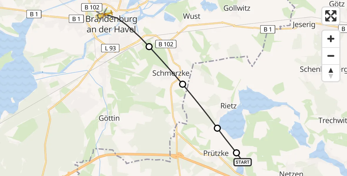 Flugroute Rettungshubschrauber Grebs - Brandenburg an der Havel, 03 März 2026, 16:17