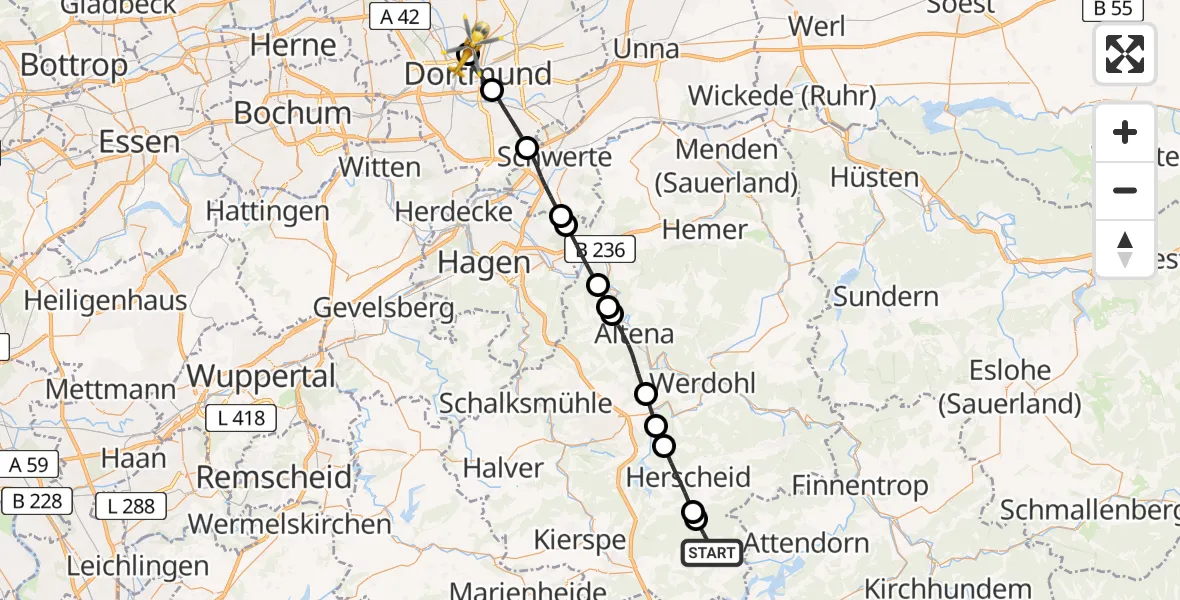 Flugroute Rettungshubschrauber Vorderhagen - Dortmund Hospital North Heliport, 03 März 2026, 16:21