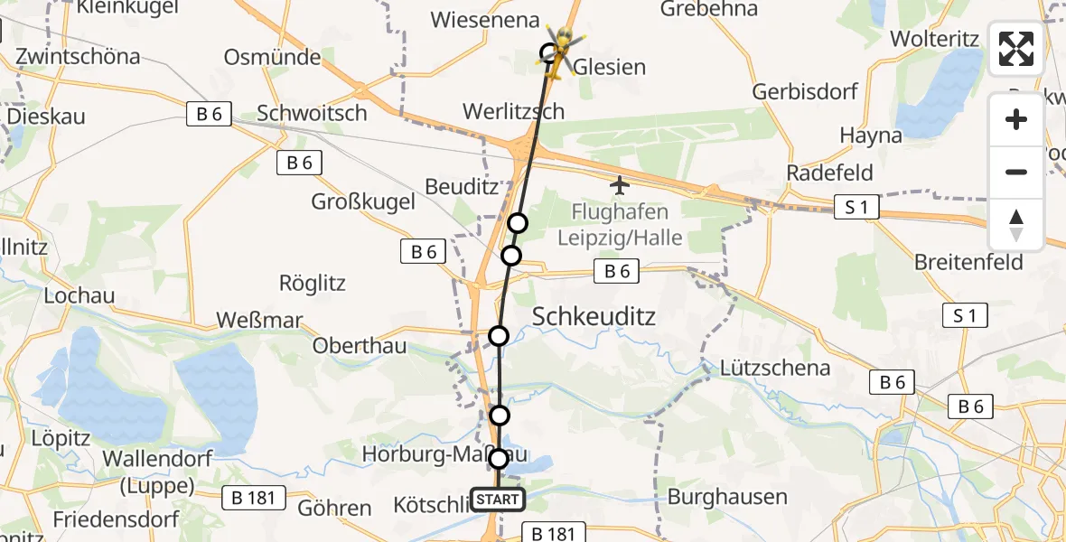 Flugroute Rettungshubschrauber Maßlau - Wiedemar, 03 März 2026, 16:26