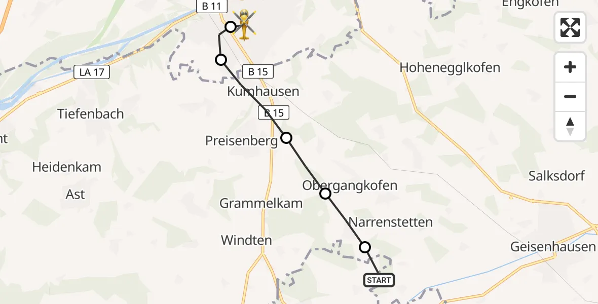 Routekaart van de vlucht: Rettungshubschrauber nach Lakumed Hospital Landshut-Achdorf Heliport