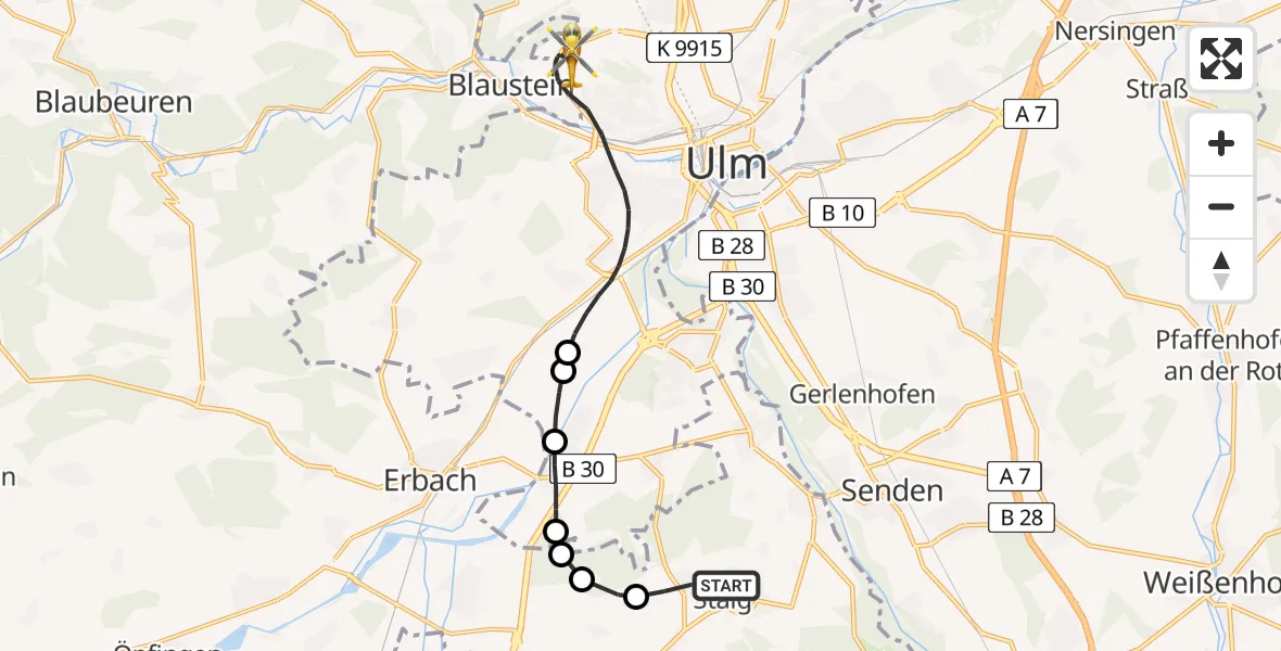 Flugroute Rettungshubschrauber Altheim ob Weihung - Ulm, 03 März 2026, 16:40