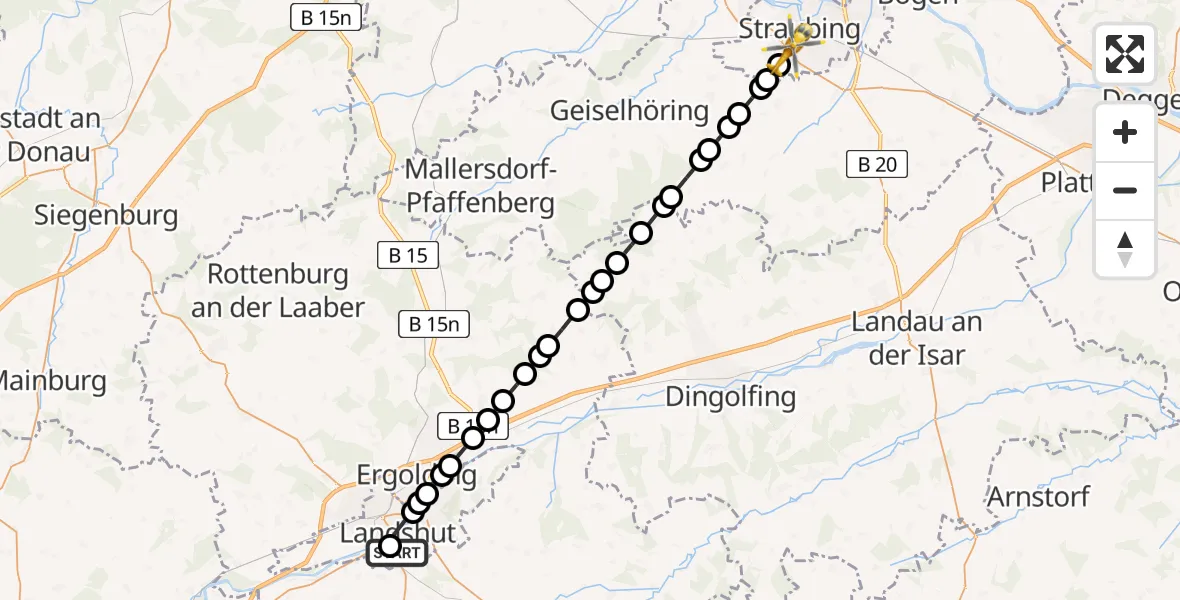 Flugroute Rettungshubschrauber Lakumed Hospital Landshut-Achdorf Heliport - Straubing, 03 März 2026, 16:49