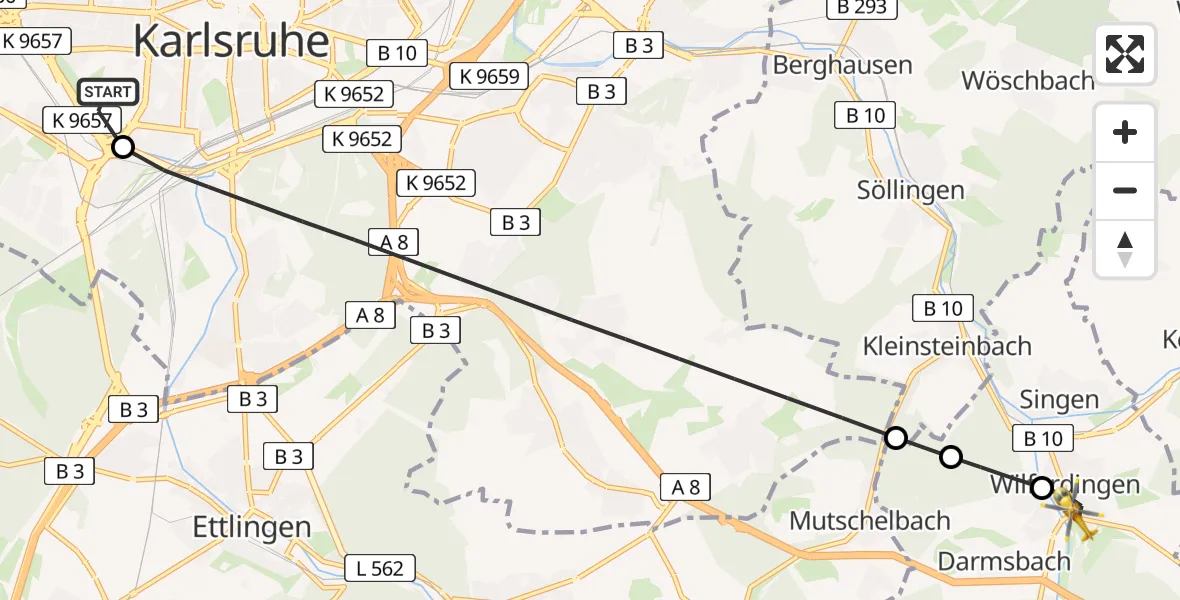 Flugroute Rettungshubschrauber Sankt Vincentius Hospital Heliport - Wilferdingen, 03 März 2026, 16:50