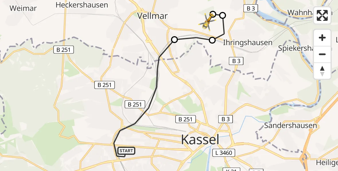 Flugroute Rettungshubschrauber Kassel - Fuldatal Federal Police Heliport, 03 März 2026, 17:05