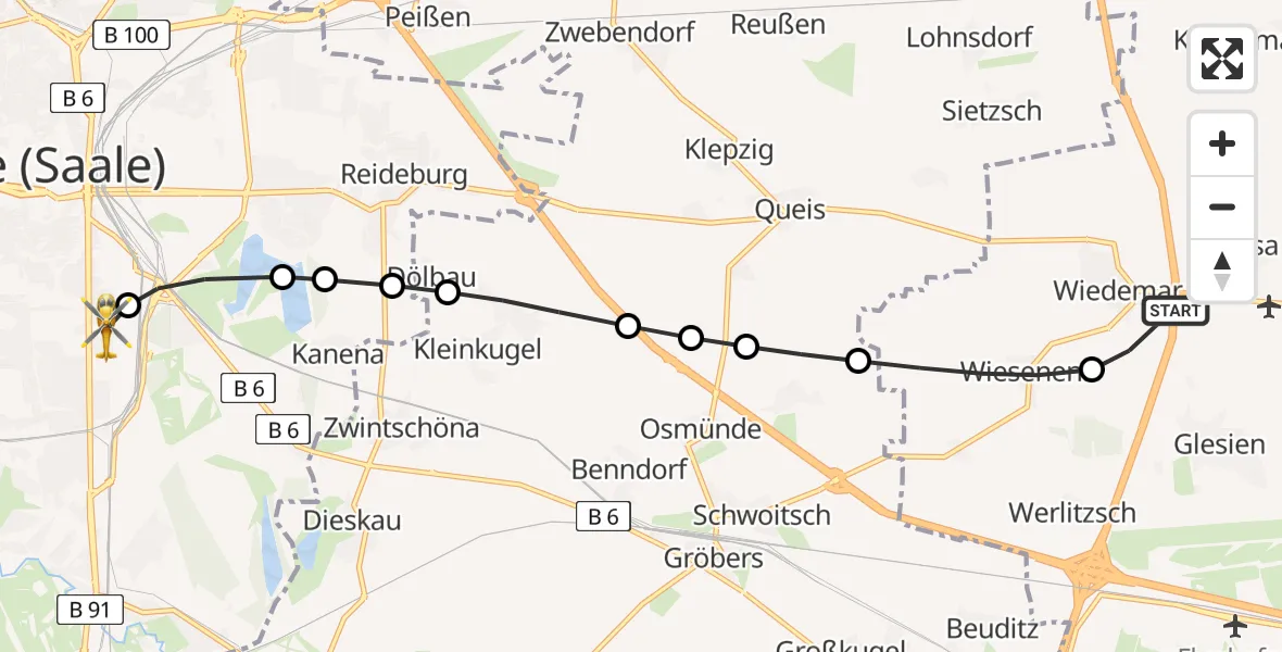 Flugroute Rettungshubschrauber Wiedemar - BG Hospital Bergmannstrost Halle Heliport, 03 März 2026, 17:06