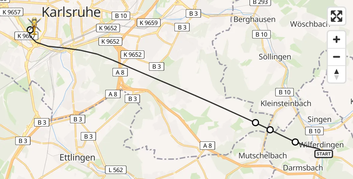 Flugroute Rettungshubschrauber Wilferdingen - Sankt Vincentius Hospital Heliport, 03 März 2026, 17:17