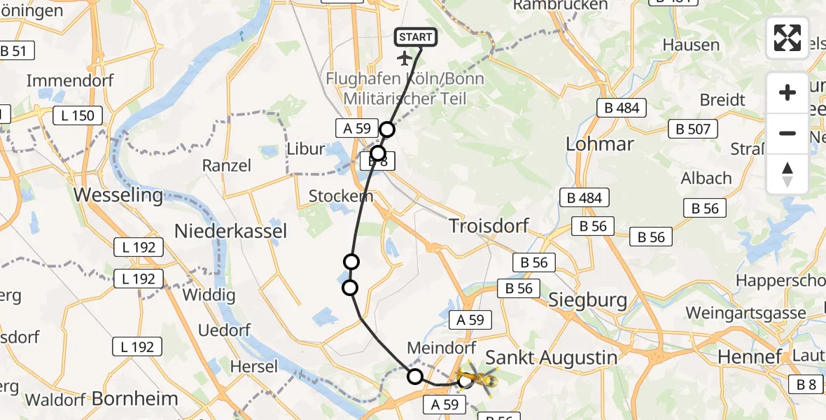 Flugroute Rettungshubschrauber Cologne Bonn Airport - Sankt Augustin, 03 März 2026, 17:36