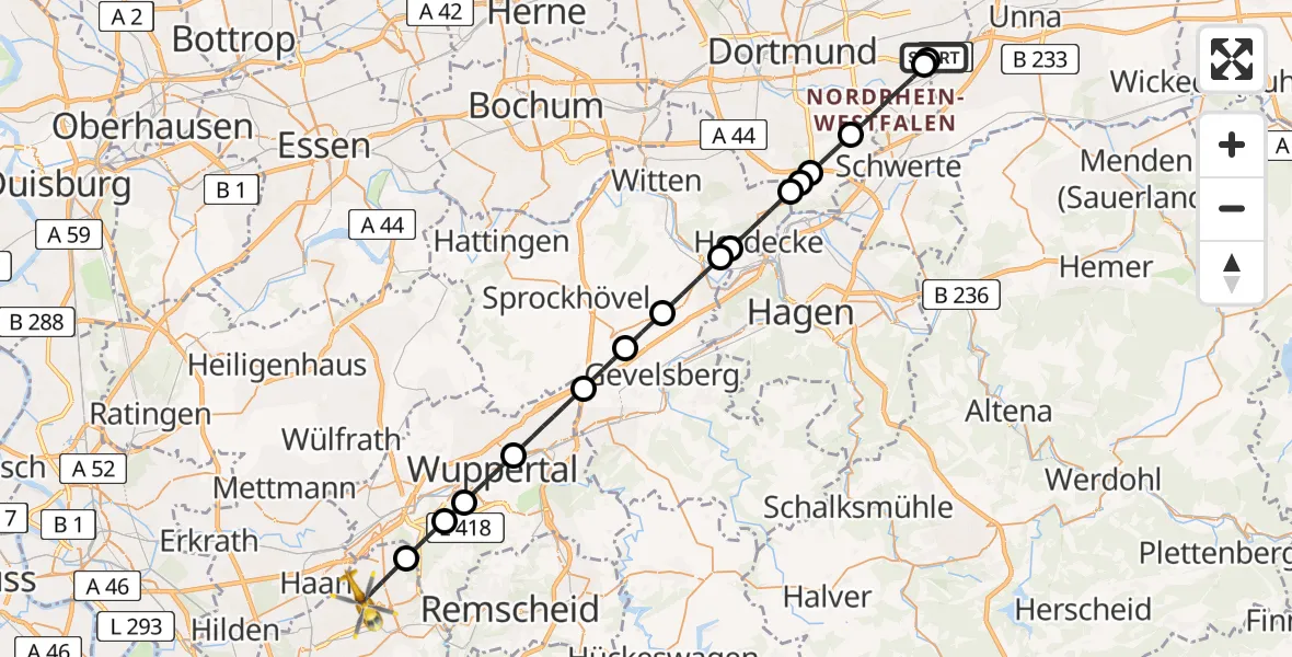 Flugroute Ambulanzhubschrauber Dortmund Airport - Solingen, 03 März 2026, 17:36