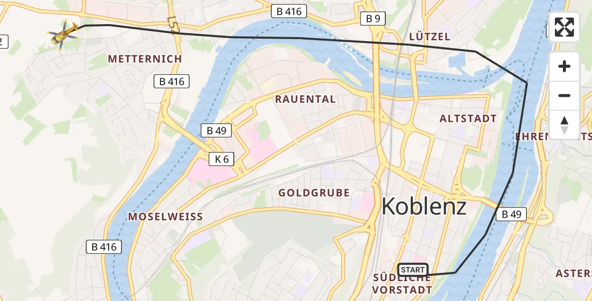 Flugroute Rettungshubschrauber Koblenz - Koblenz, 03 März 2026, 18:04