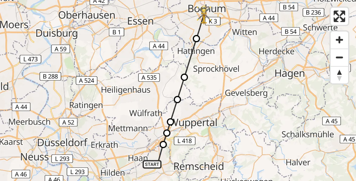 Flugroute Ambulanzhubschrauber Solingen - Bochum, 03 März 2026, 18:13
