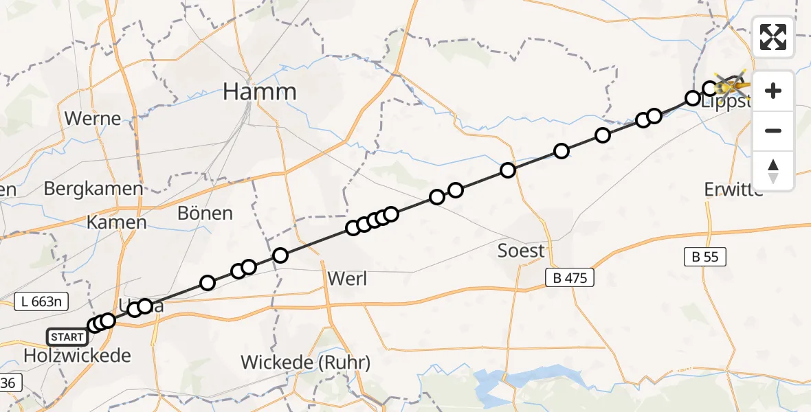 Flugroute Ambulanzhubschrauber Dortmund Airport - Lippstadt, 03 März 2026, 21:40