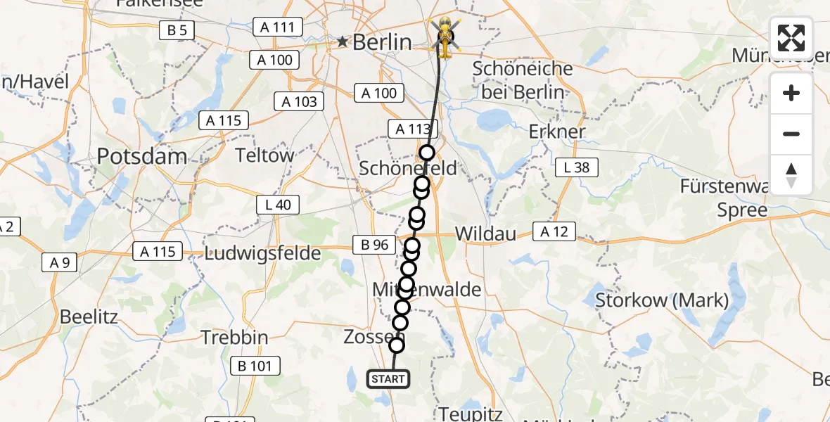 Flugroute Ambulanzhubschrauber Wünsdorf - Berlin Emergency Hospital Heliport, 03 März 2026, 22:32