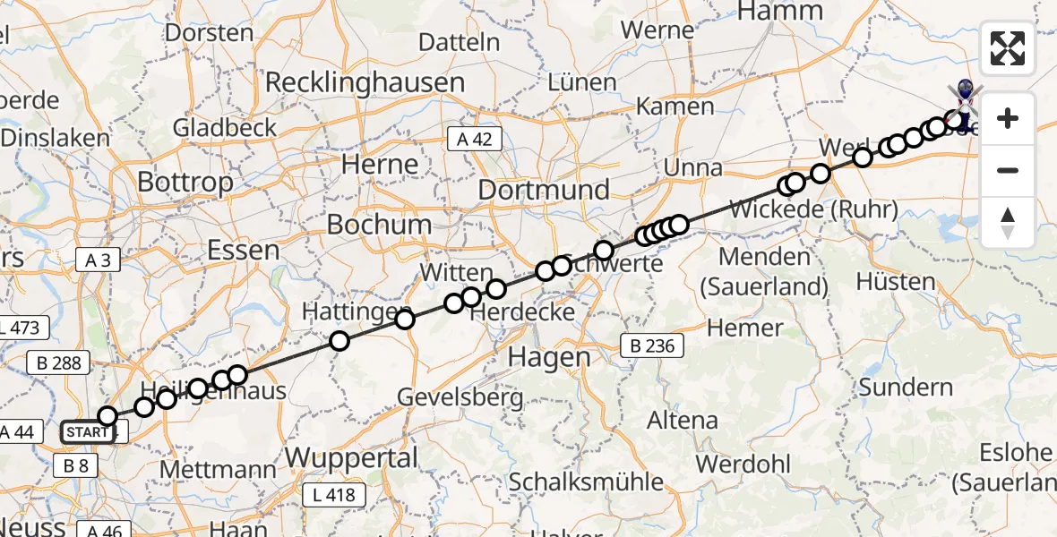 Flugroute Polizeihubschrauber Düsseldorf Airport - Soest, 03 März 2026, 22:35